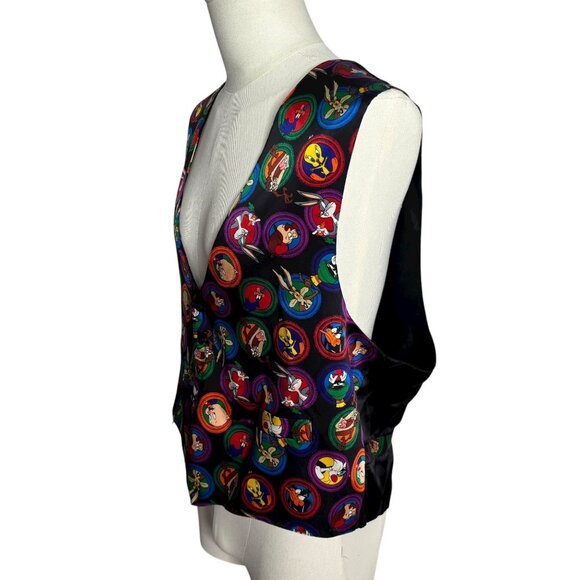 Vintage 90s Looney Tunes Mania Silk Vest Large Black Bugs Bunny Tweety Taz - Picture 3 of 6